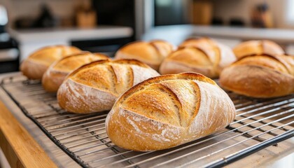 Freshly baked artisanal bread loaves cooling on a wire rack in a cozy kitchen, perfect for culinary and food photography.