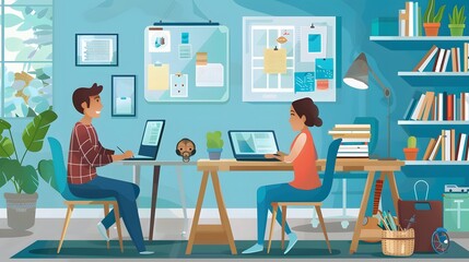 Two People Working at Home Office Desk with Laptops