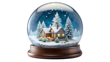 Winter snow globe featuring a cozy farmhouse, cut out transparent