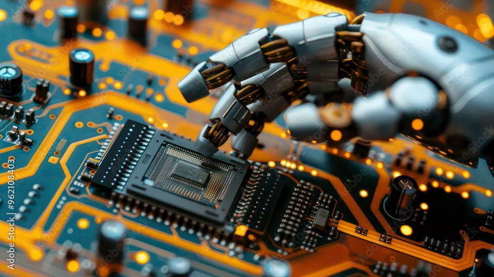 Aufkleber a robotic hand with metallic fingers reaches to place a computer chip into a circuit board.