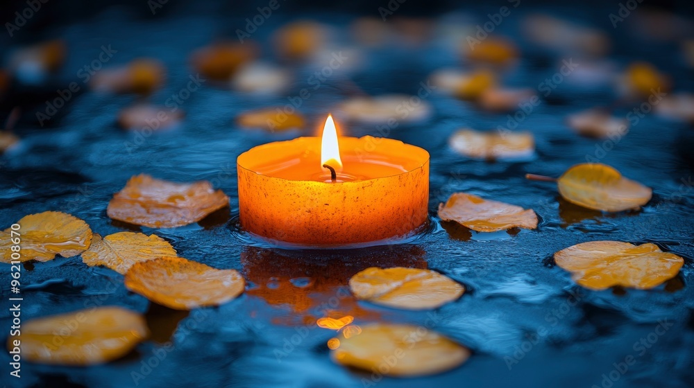 Wall mural candle floating in autumn leaves