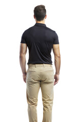 Man in black shirt and khakis standing, cut out transparent