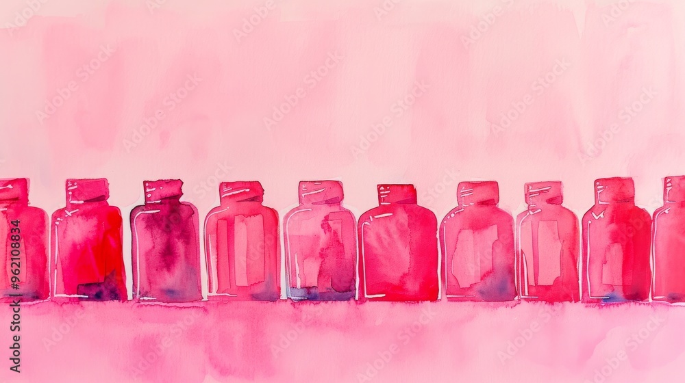 Poster a series of pink watercolor bottles lined up against a soft pink gradient background, creating a har
