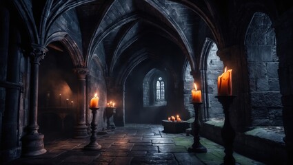 Obraz premium Dramatic game art chamber in the castle lit by candles