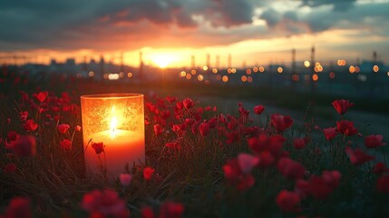 Candlelight Sunset with Flowers and Industrial Skyline