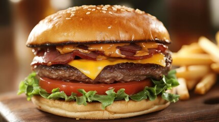 Burger and fries on a wooden surface. Tasty burger on a kitchen board.