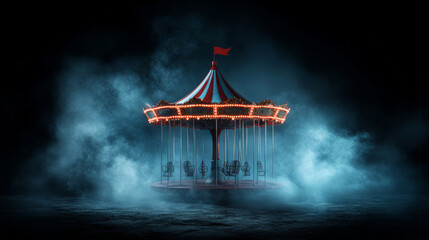 A haunted fairground features dilapidated carousel surrounded by eerie fog, creating chilling atmosphere.