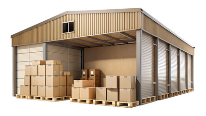 Organized warehouse with boxes, cut out transparent