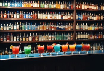 Colorful Cocktail Array: A Rainbow of Refreshing Drinks at the Bar.
