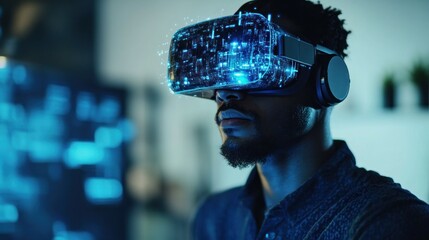 man with VR headset using AI artificial intelligence technology & machine learning in business office,in seminar course Innovation & smart tech AI blue hologram in education