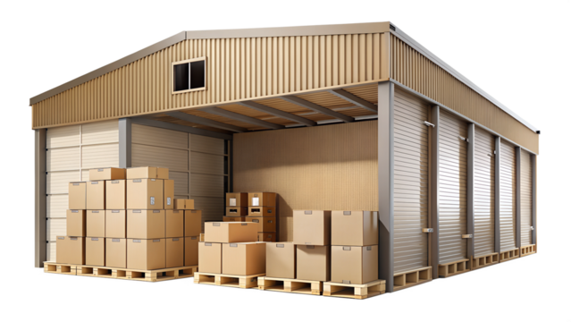 Organized warehouse with boxes, cut out transparent