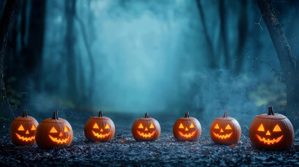 Spooky Halloween pumpkins glow in misty forest, creating an eerie atmosphere.