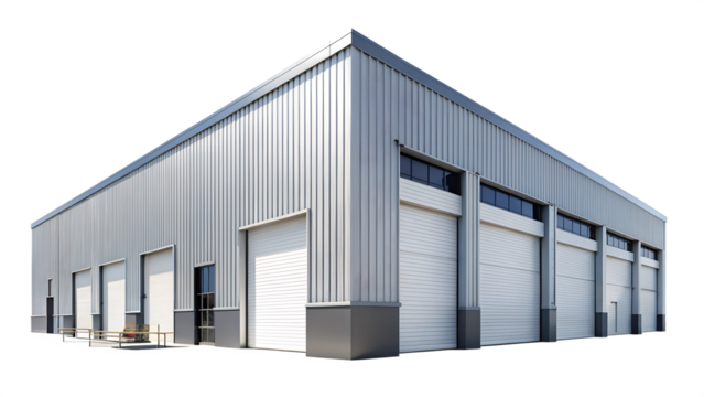 Modern warehouse with loading bays, cut out transparent