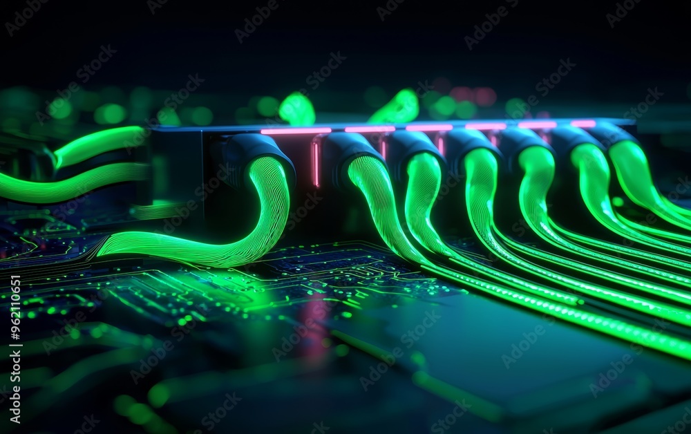 Poster electrified green lines on a digital circuit front view highlighting the seamless connection between