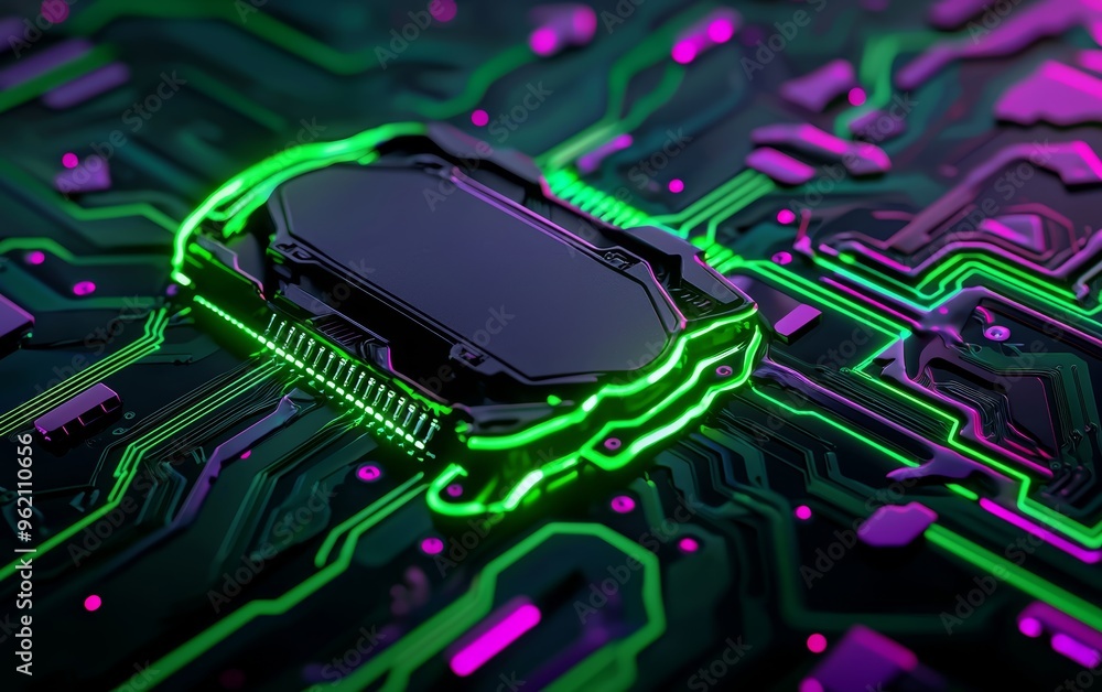 Poster electrified green lines on a digital circuit front view highlighting the seamless connection between