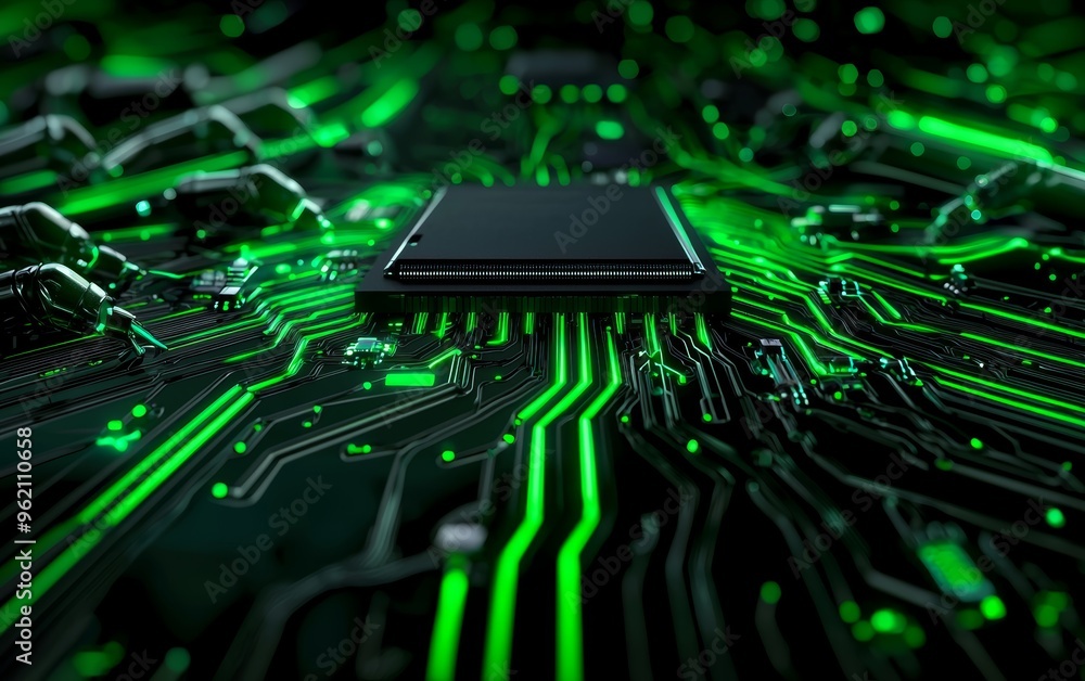 Poster electrified green lines on a digital circuit front view highlighting the seamless connection between
