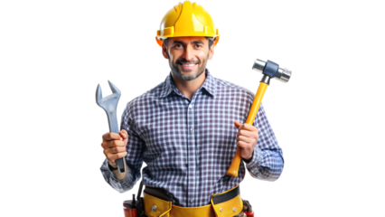 Construction worker holding tools indoors, cut out transparent