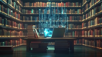 Digital library with books and laptop computer in a futuristic setting, highlighting data visualization and AI-powered information search. Glowing binary code flows across the bookshelves, representin