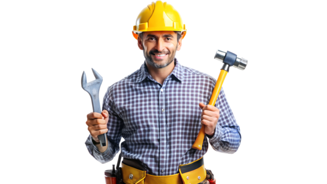 Construction worker holding tools indoors, cut out transparent