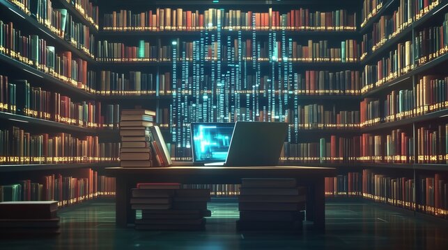 Digital library with books and laptop computer in a futuristic setting, highlighting data visualization and AI-powered information search. Glowing binary code flows across the bookshelves, representin