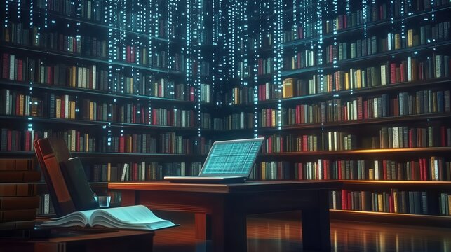 Digital library with books and laptop computer in a futuristic setting, highlighting data visualization and AI-powered information search. Glowing binary code flows across the bookshelves, representin