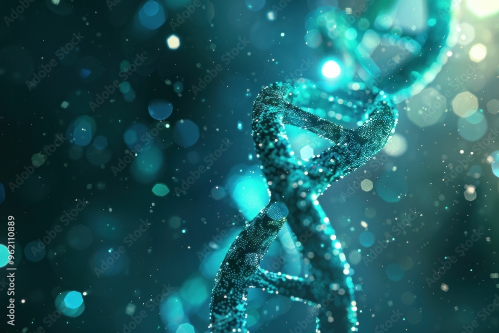 Poster abstract close up of a dna double helix with glowing blue and turquoise particles in a dark backgrou