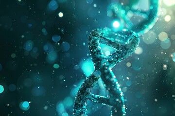 Abstract close up of a DNA double helix with glowing blue and turquoise particles in a dark background, symbolizing genetics and molecular biology