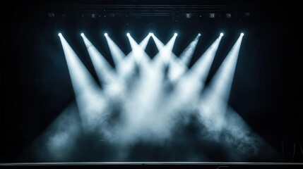 Concert stage with intense spotlights, light flares and smoke effects, high-energy rock concert vibe, vivid contrasts