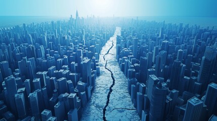 Obraz premium Aerial view of a futuristic city split by a massive crack, symbolizing a catastrophic earthquake or urban collapse. The scene is bathed in a surreal blue hue, enhancing the apocalyptic atmosphere and