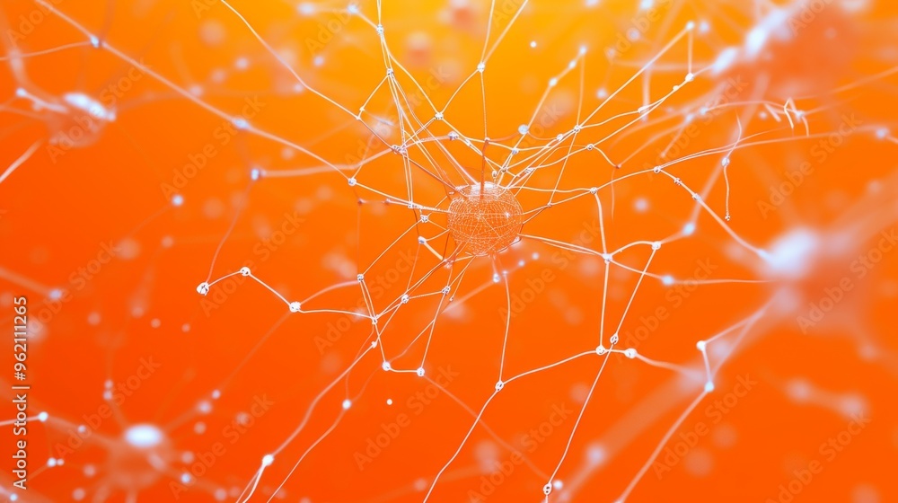 Poster a neural network visualization highlighting a central hub connected by thin lines in a vivid orange 
