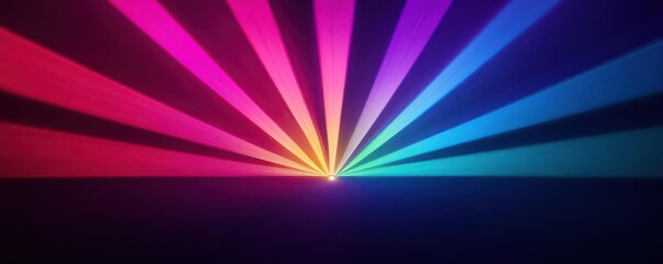 Obraz premium Dazzling light rays fanning out from a central source, rainbow colors, dramatic concert setting, vibrant and energetic