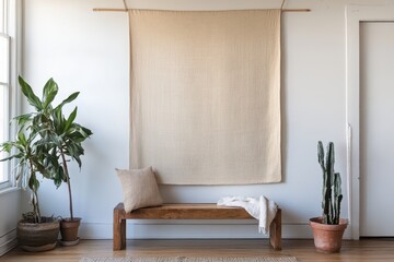 Wooden Bench with Beige Throw Blanket and Plants in a Minimalist Interior