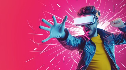A futuristic, stylized illustration of a man wearing a VR headset, reaching out as if interacting with a virtual world. The energetic pink and blue background accentuates the sense of immersion and