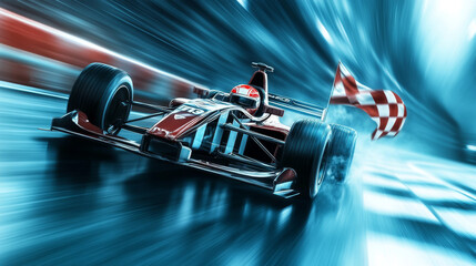 Naklejka premium Speeding race car with motion blur, checkered flag, and speedometer. 