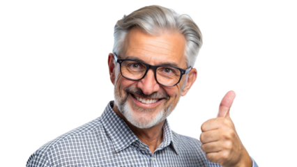 Happy elderly man giving a thumbs up indoors, cut out transparent