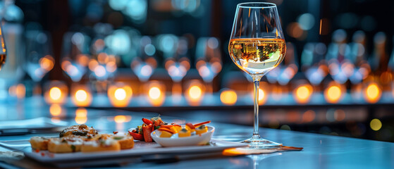 Elegant and select restaurant table Wine Glass and appetizers, on the bar table Soft light and romantic atmosphere dinner wedding service menue
