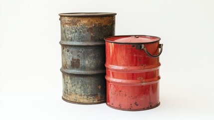 Fototapeta premium Steel oil barrel and fuel can for transporting and storing petrol on a white background. 