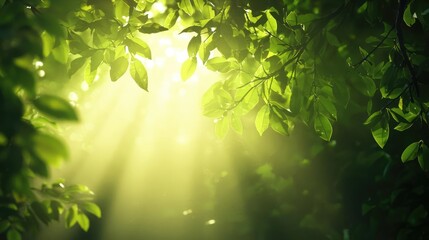 Obraz premium Sunlight filters through lush green leaves, creating a serene and tranquil atmosphere in a forest setting.