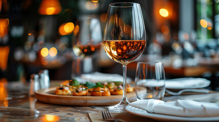 Elegant and select restaurant table Wine Glass and appetizers, on the bar table Soft light and romantic atmosphere dinner wedding service menue