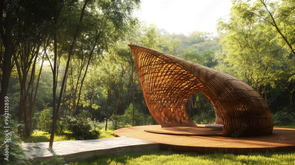 Poster wooden structure stands in the middle of a forest clearing the structure is made of wood and has a c