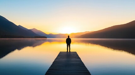 Fototapeta premium A serene moment at dawn, where a silhouette stands on a dock, reflecting on calm waters surrounded by mountains.