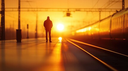 A solitary figure stands on a train platform at sunset, capturing a moment of tranquility and anticipation.