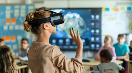Young girl wearing VR headset in a classroom