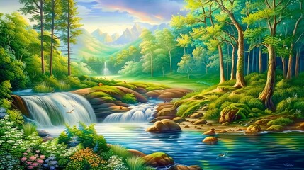 Fototapeta premium Enchanted Forest Waterfall A Serene Landscape Painting, Oil on Canvas, Vibrant Colors, Lush Greenery, Water Features, Tranquility, Nature