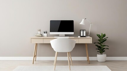 Minimalist home office with compact furniture, neutral colors, and minimal decor, perfect for remote work
