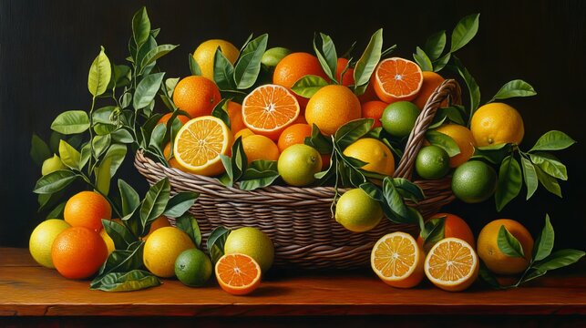 A rustic wooden table displays a wicker basket brimming with an assortment of citrus fruits??ranges, lemons, limes, and grapefruits??estled amidst verdant leaves. 