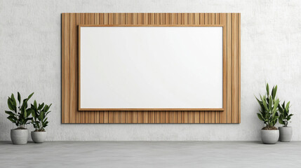 A modern interior featuring a blank canvas on a wooden frame and indoor plants, perfect for decoration or art display.