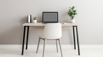 Minimalist home office with a compact desk, simple chair, and neutral tones, creating a calm work environment