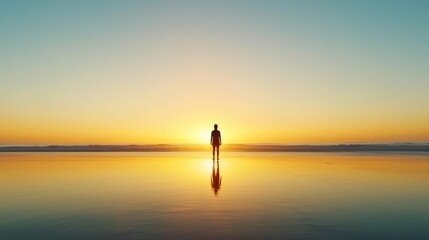 Fototapeta premium Silhouette of a person standing on a tranquil beach at sunset, reflecting on the water's surface, creating a serene atmosphere.