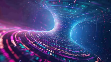 A vibrant and abstract vortex of swirling lines and numbers, illuminated in a neon glow against a dark background.